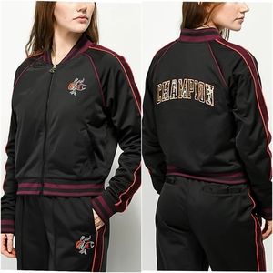 Champion Cropped Floral Embroidery Zip Up Track Bomber Jacket